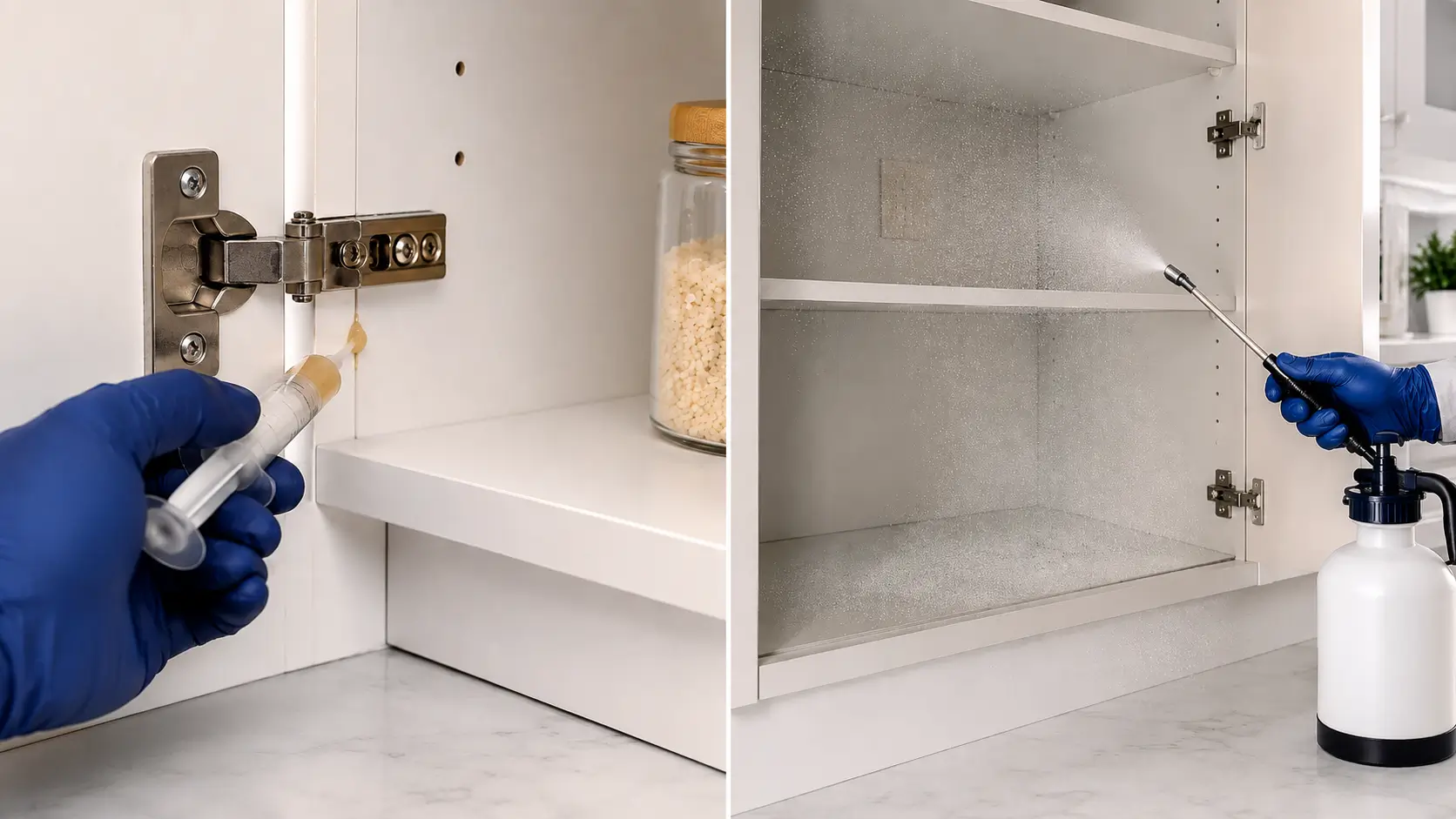 IPM targeted gel bait application in cabinet hinge crevice versus conventional broadcast spray covering all cabinet surfaces, why targeted application is safer and more effective for cockroach elimination